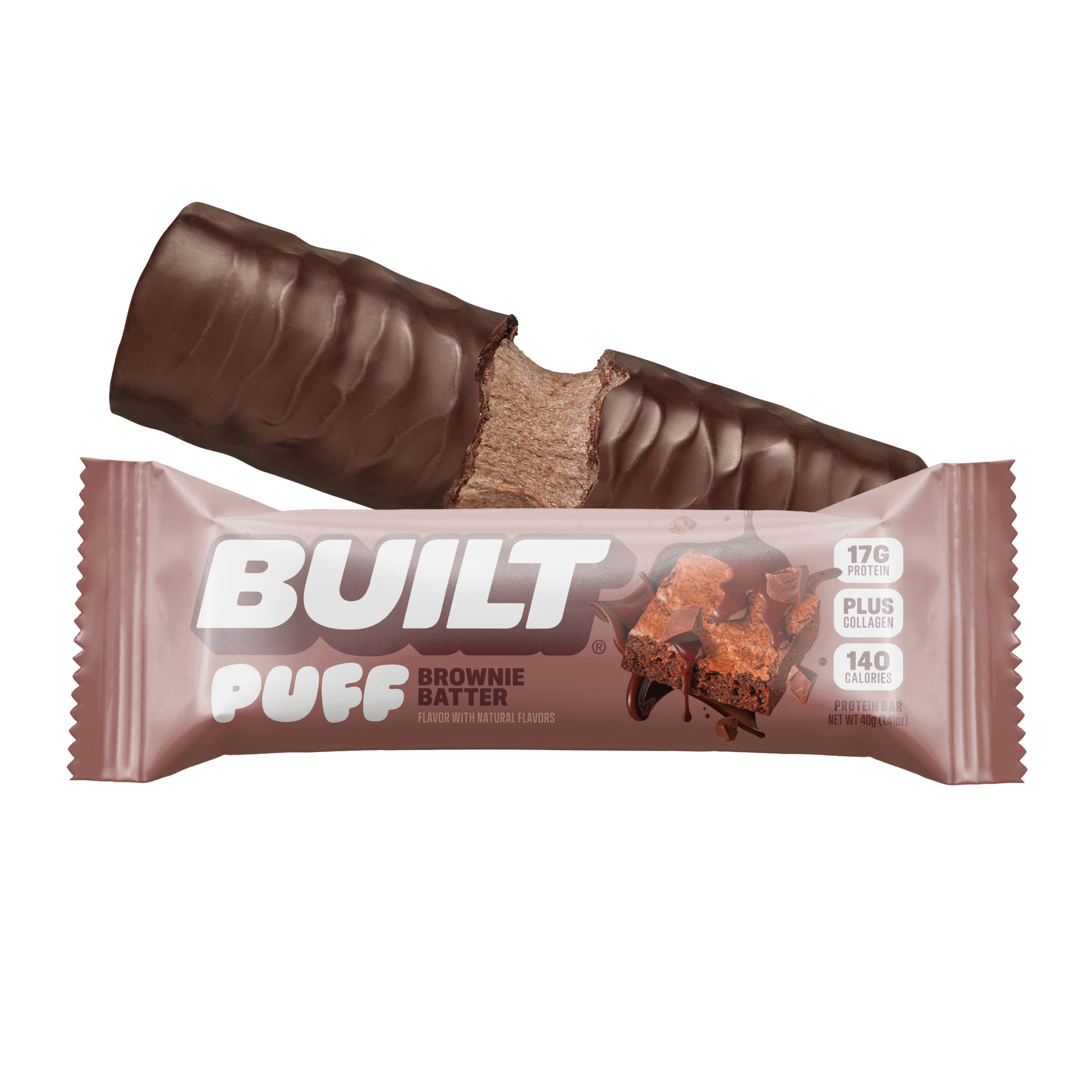 A BUILT brownie batter puff shown both inside and outside of the wrapper on a white background.
