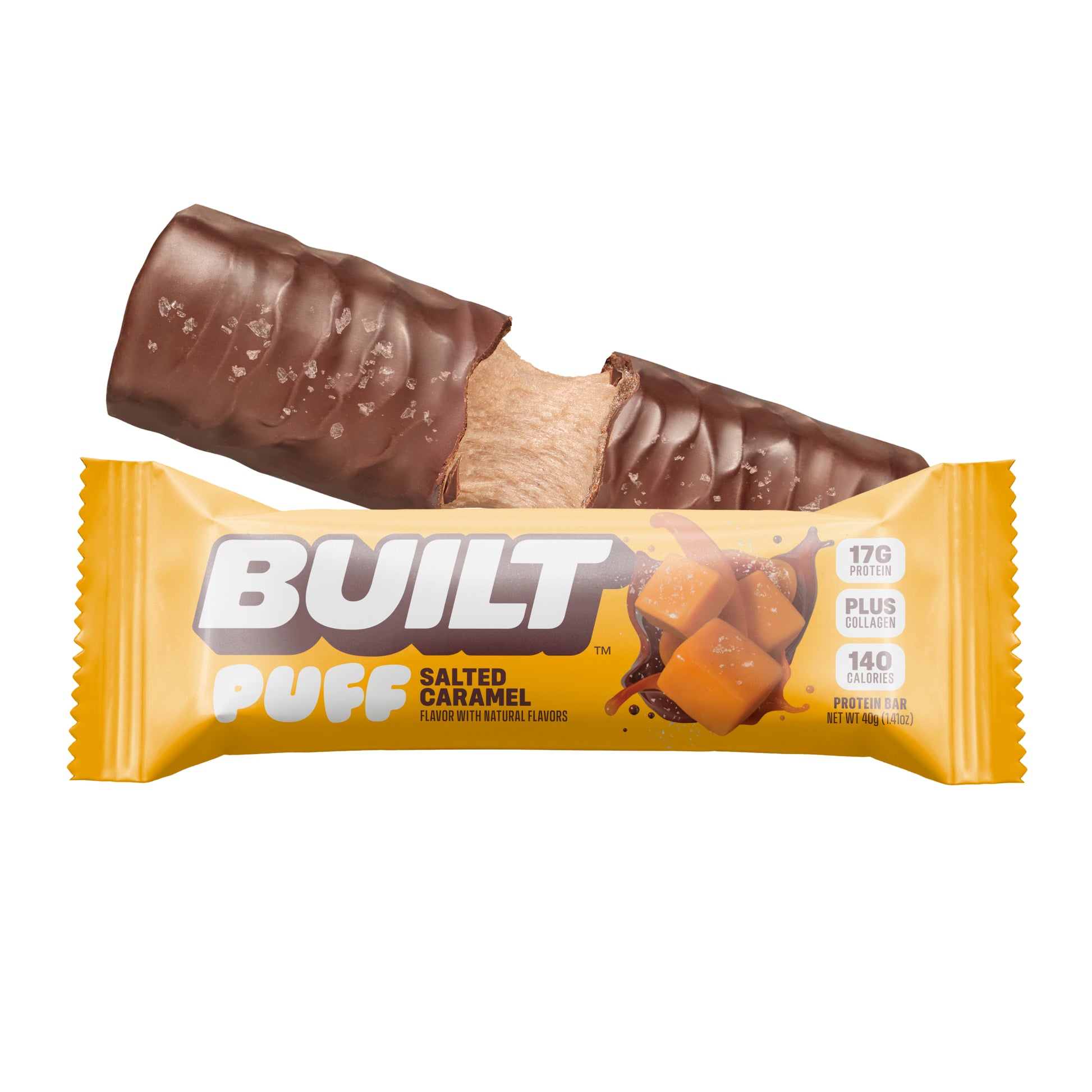 A BUILT salted caramel puff shown inside and outside of the wrapper on a white background.