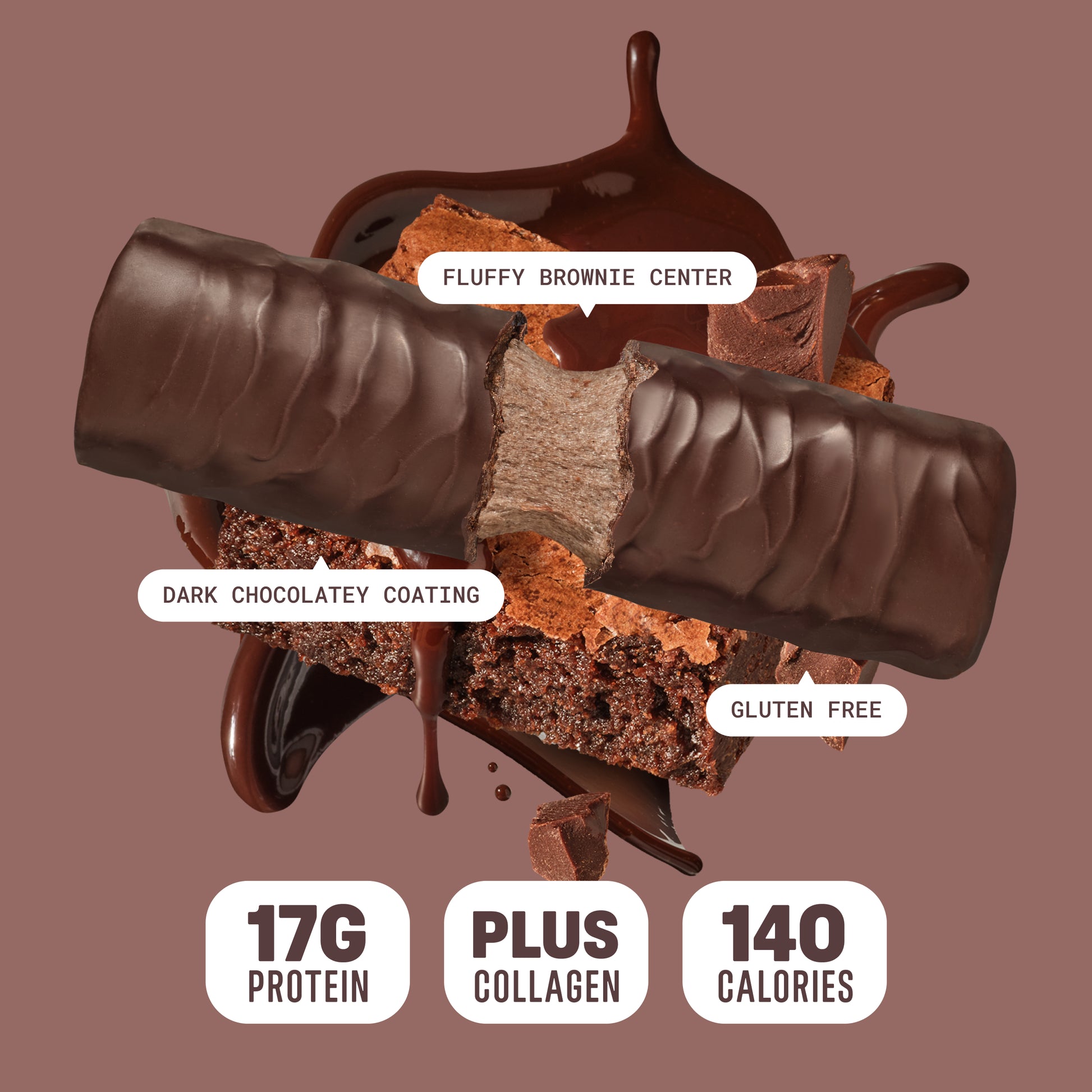A BUILT brownie batter puff being torn apart to show it's fluffy, marshmallowy center, against a background of brownie pieces and melted chocolate.