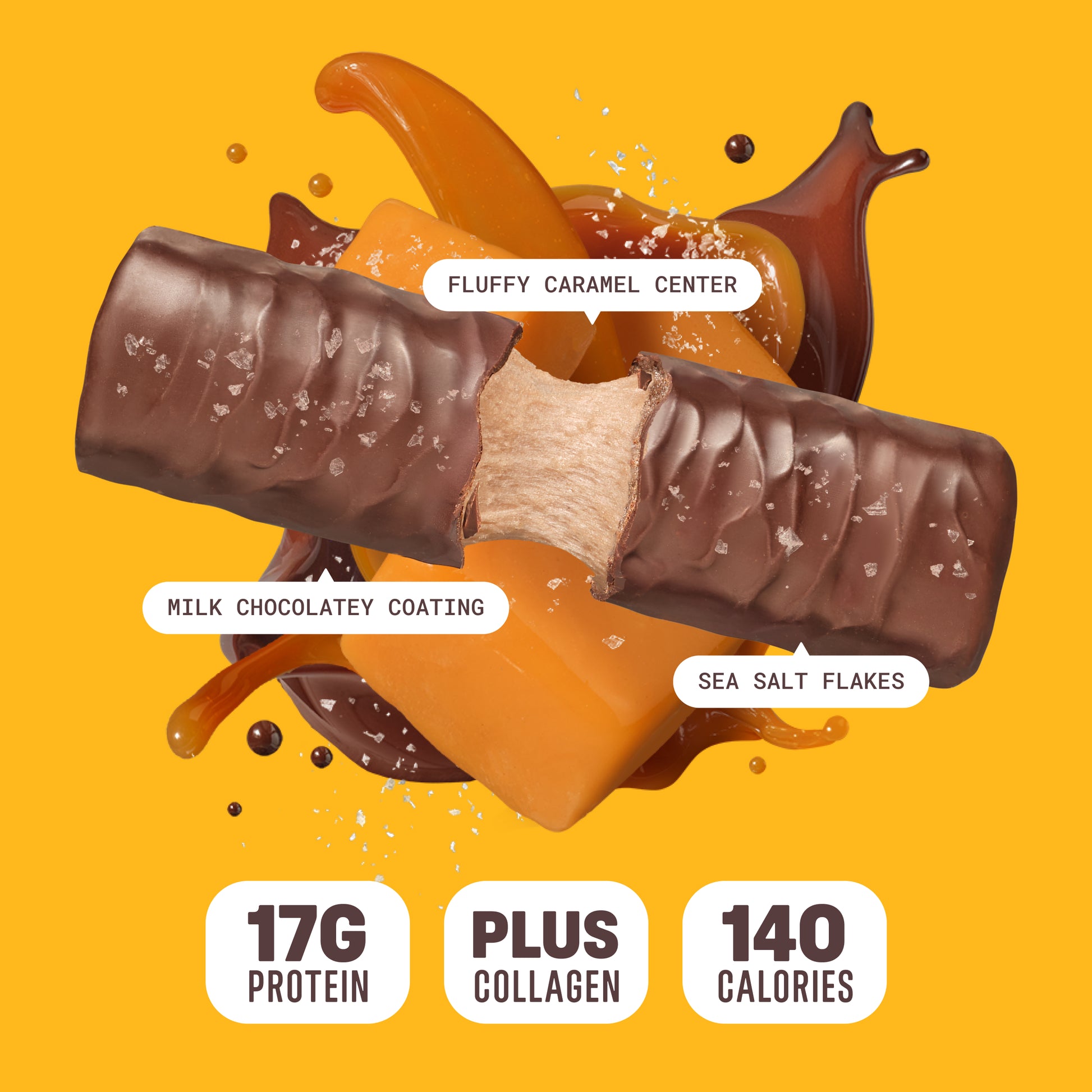 A BUILT salted caramel puff being pulled apart, showcasing its marshamallowy inner texture, with caramel and chocolate splashes behind it.