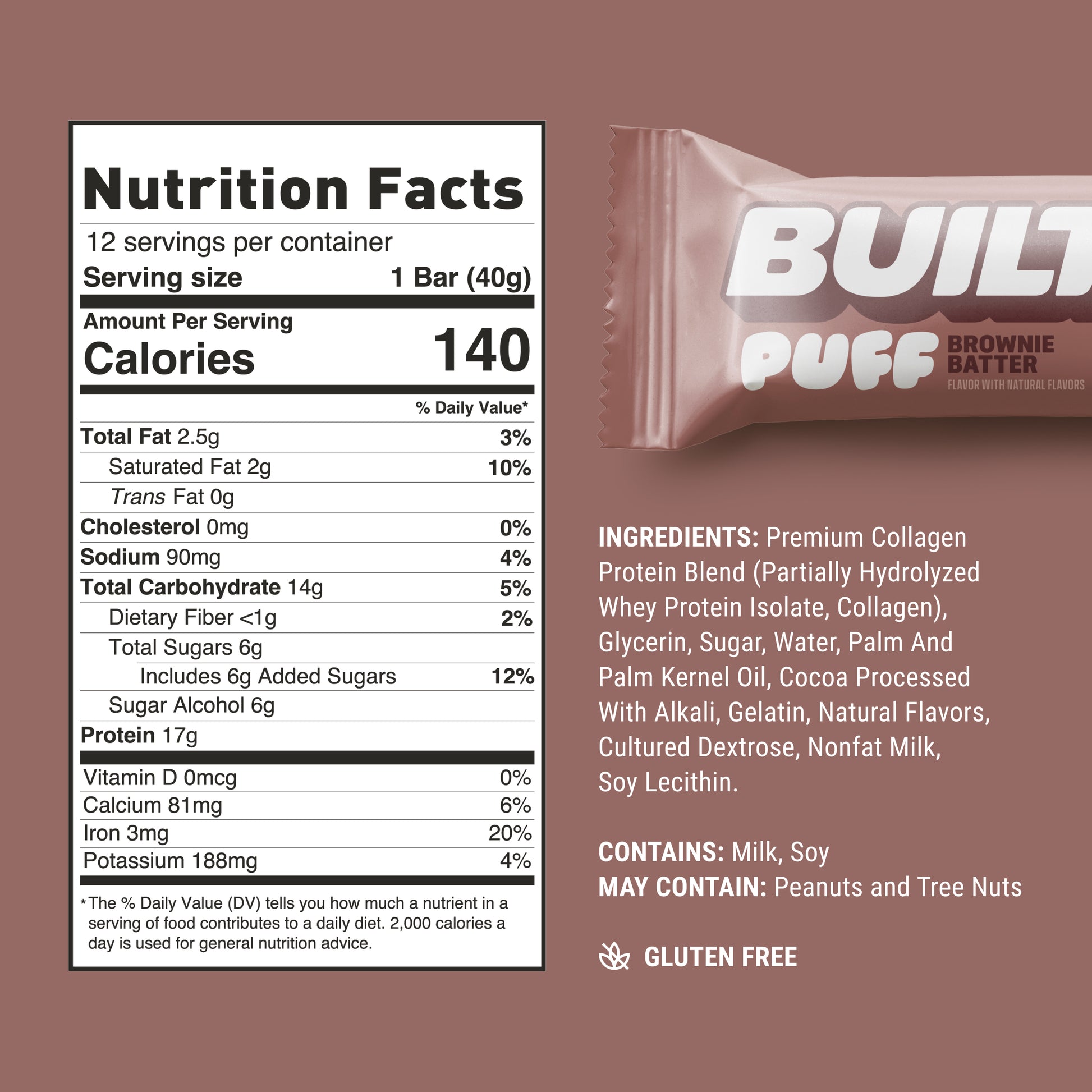 The nutrition label for BUILT's brownie batter puffs on a light brown background.