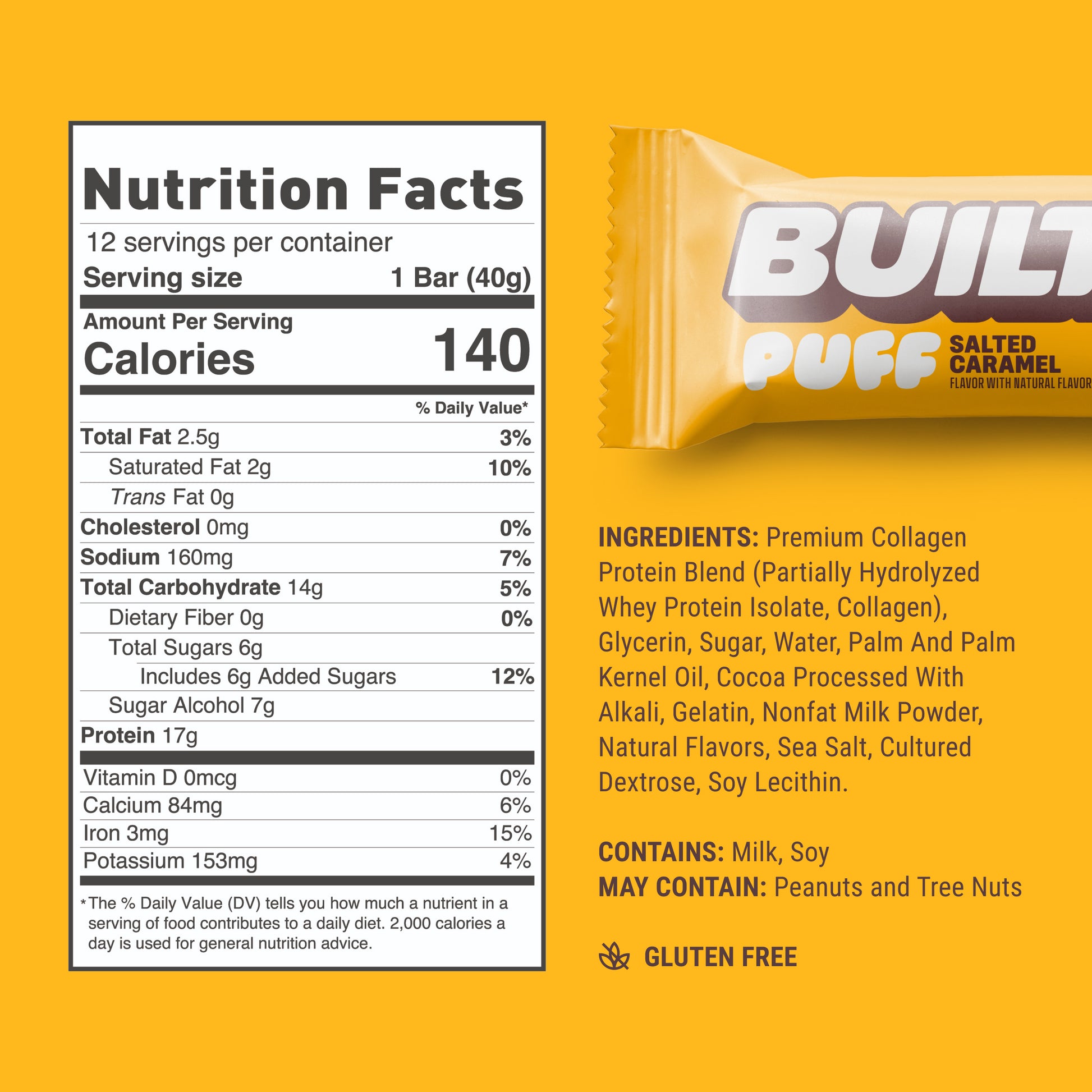 The nutrition label for BUILT's salted caramel puff on a yellow background.