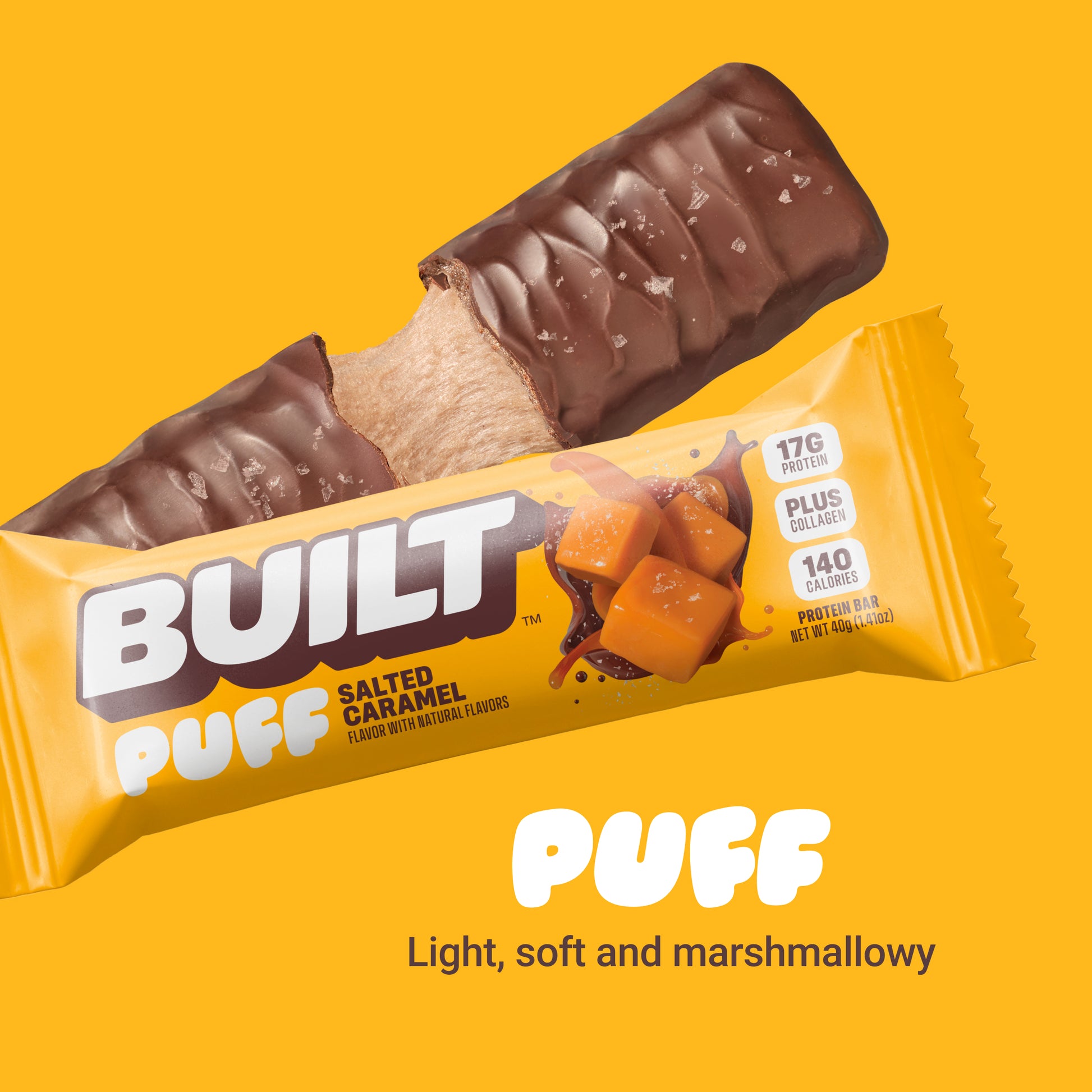 A BUILT salted caramel puff shown inside and outside of the wrapper on a yellow background, showcasing its marshamallowy inner texture.