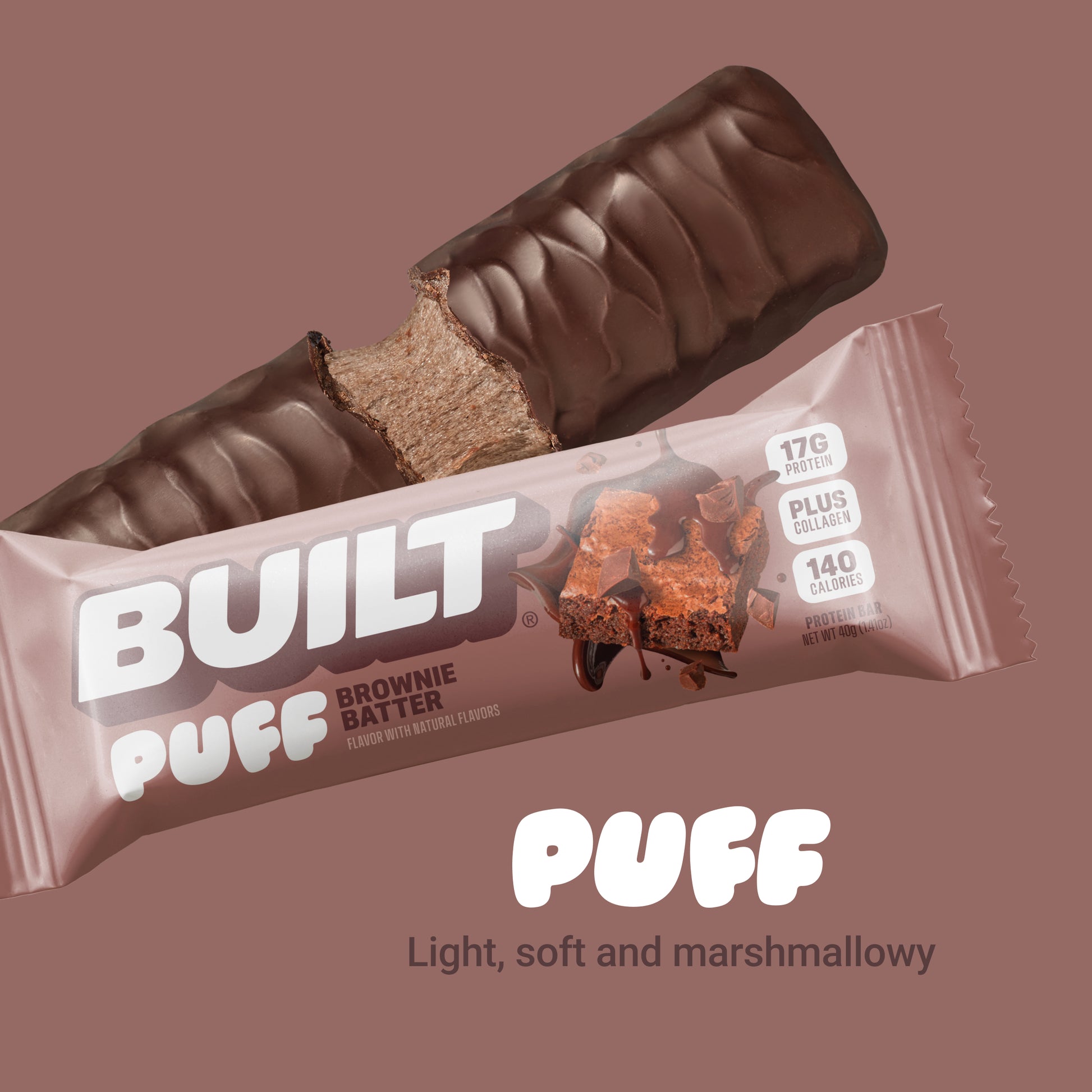 A BUILT brownie batter puff shown both inside and outside of the wrapper on a light brown background, featuring it's marshmallowy inside.