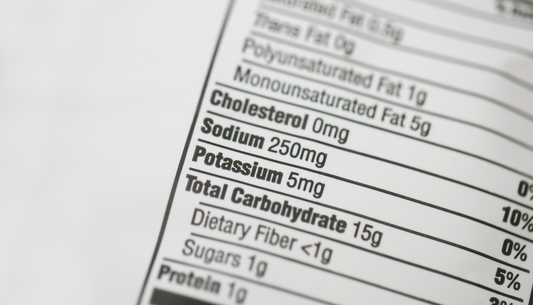 Close-up of a nutrition label displaying key nutritional values.