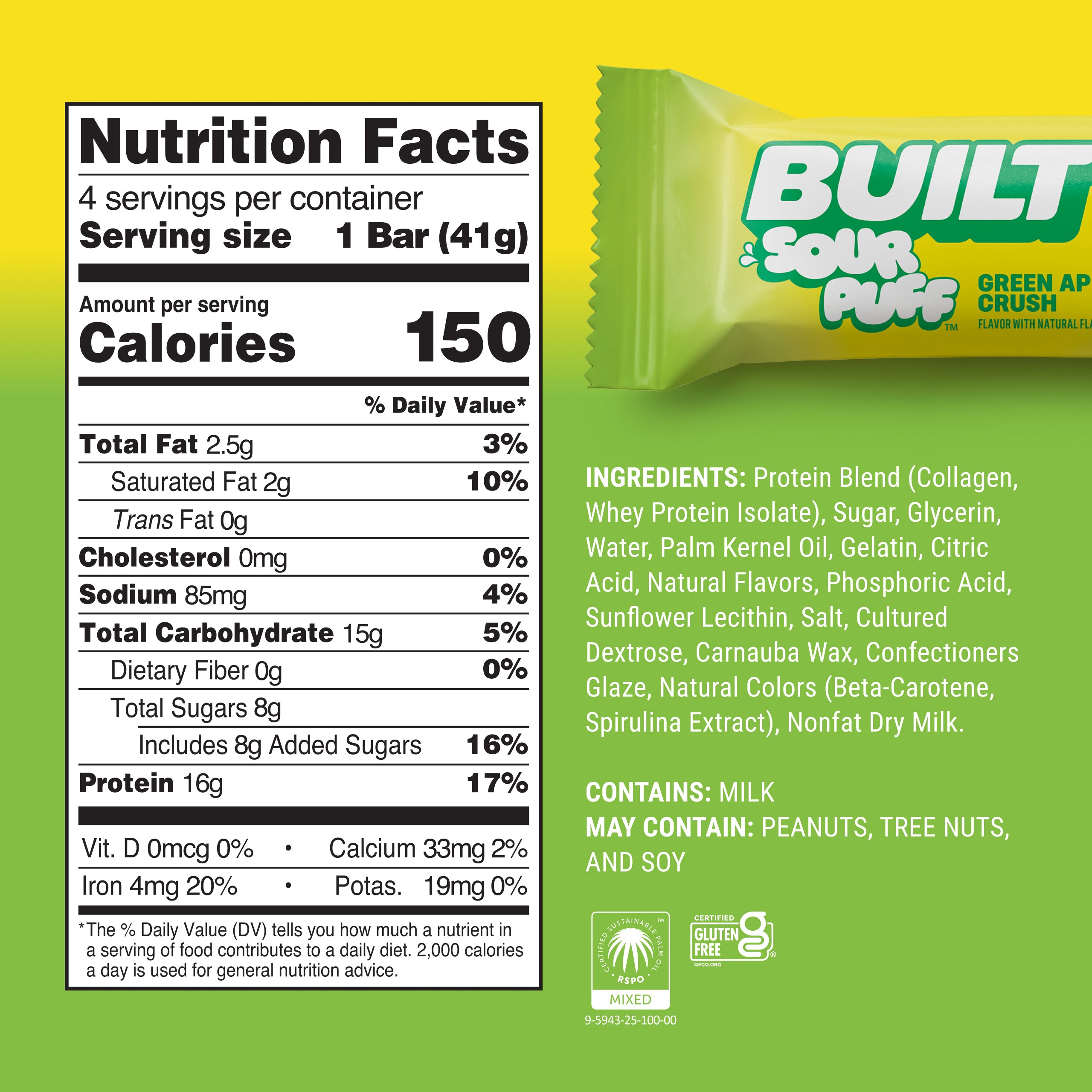 BUILT Green Apple Crush Sour Puff | 4 Ct. Box | BUILT
