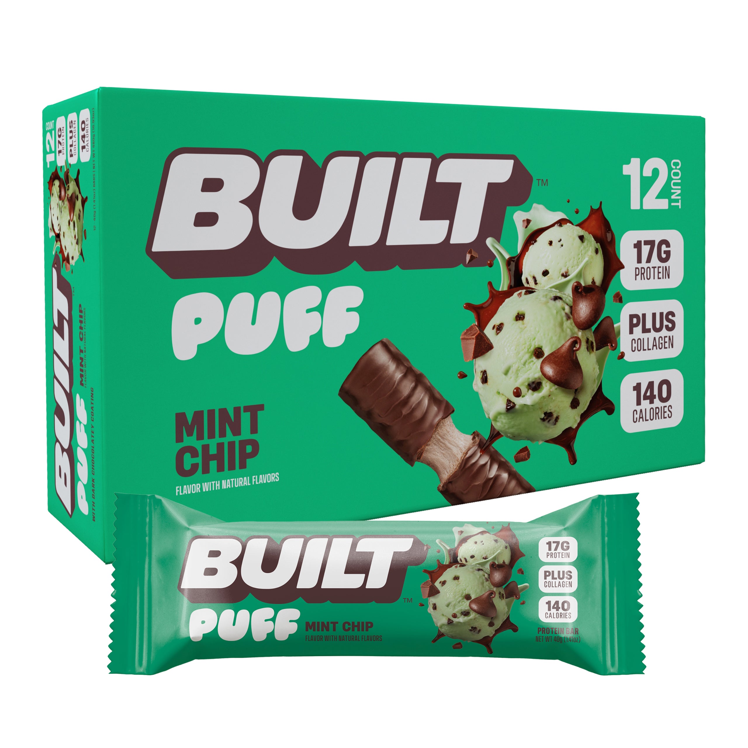 Mint Chip Protein Puff | Mint Chocolate Chip | BUILT | 12 Ct. Box | BUILT Mint Chip Protein Puff | Mint Chocolate Chip | BUILT | 12 Ct. Box | BUILT