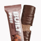 A BUILT brownie batter puff shown both inside and outside of the wrapper on a white background.