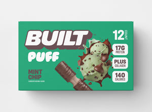 A green box of 12 BUILT mint chip puffs on a white background.