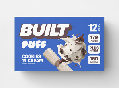 A blue box of 12 BUILT cookies and cream puffs on a white background.
