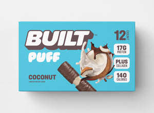 A blue box of 12 BUILT coconut puffs on a white background.